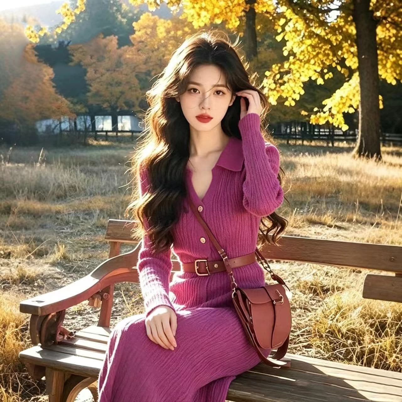 작은 샤넬 스타일 슈퍼 잘 생긴 로즈 레드 V넥 니트 여성 드레스 가을 겨울 품격 허리 수축 인사이드 가져 가라. 만나는 스웨터 드레스 이미지 2