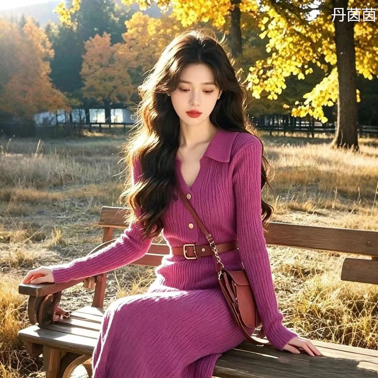 작은 샤넬 스타일 슈퍼 잘 생긴 로즈 레드 V넥 니트 여성 드레스 가을 겨울 품격 허리 수축 인사이드 가져 가라. 만나는 스웨터 드레스 이미지 3