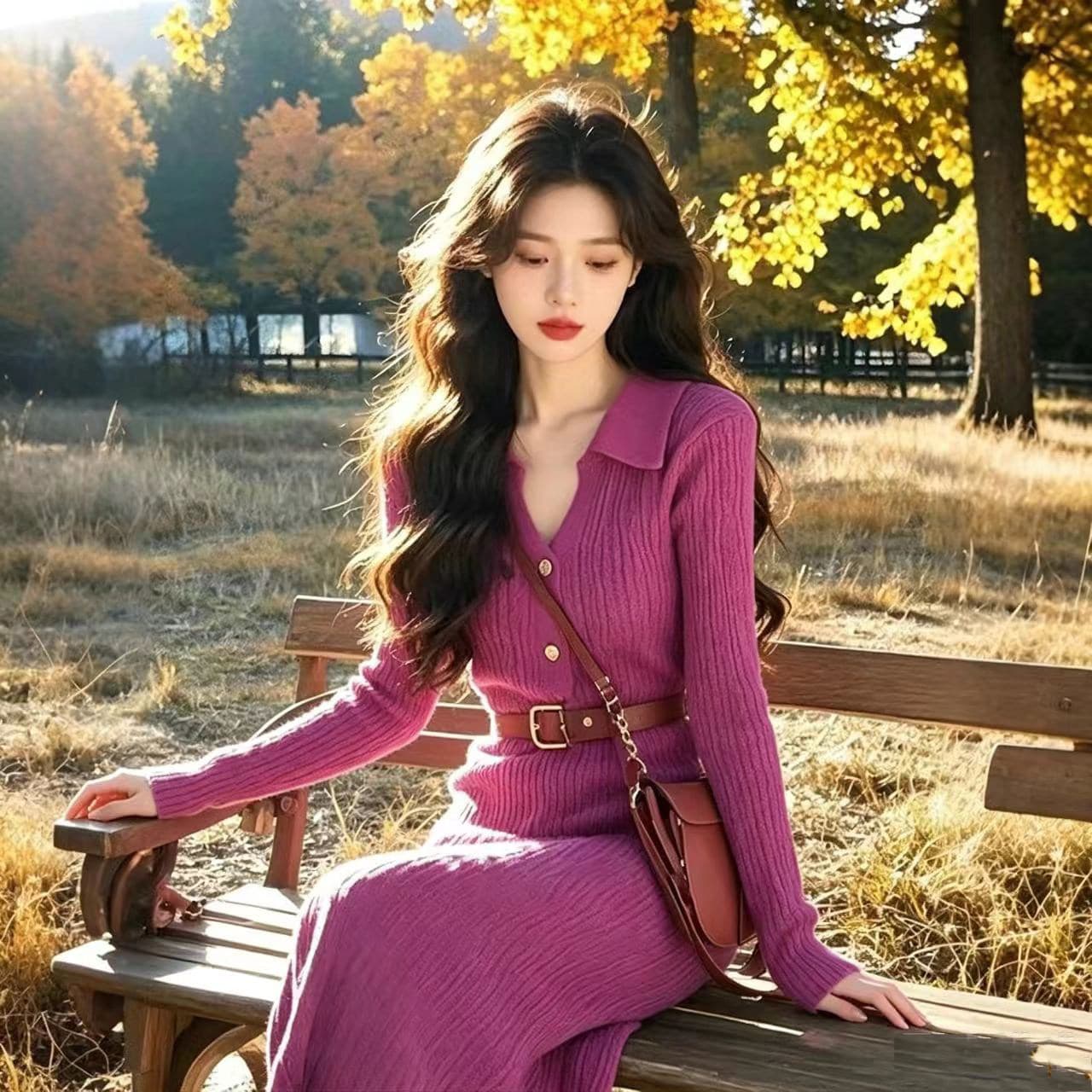 작은 샤넬 스타일 슈퍼 잘 생긴 로즈 레드 V넥 니트 여성 드레스 가을 겨울 품격 허리 수축 인사이드 가져 가라. 만나는 스웨터 드레스 상세 이미지 5