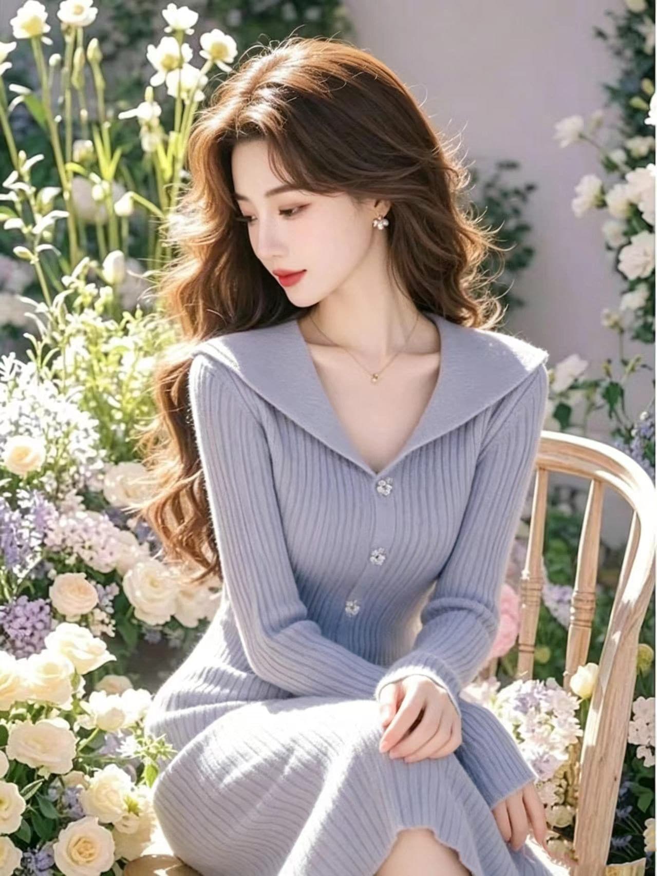 한국 작은 샤넬 스타일 슈퍼 잘 생긴 아름다운 V넥 니트 여성 드레스 가을 겨울 고급 센스 허리 수축 만나는 스웨터 드레스 상세 이미지 5