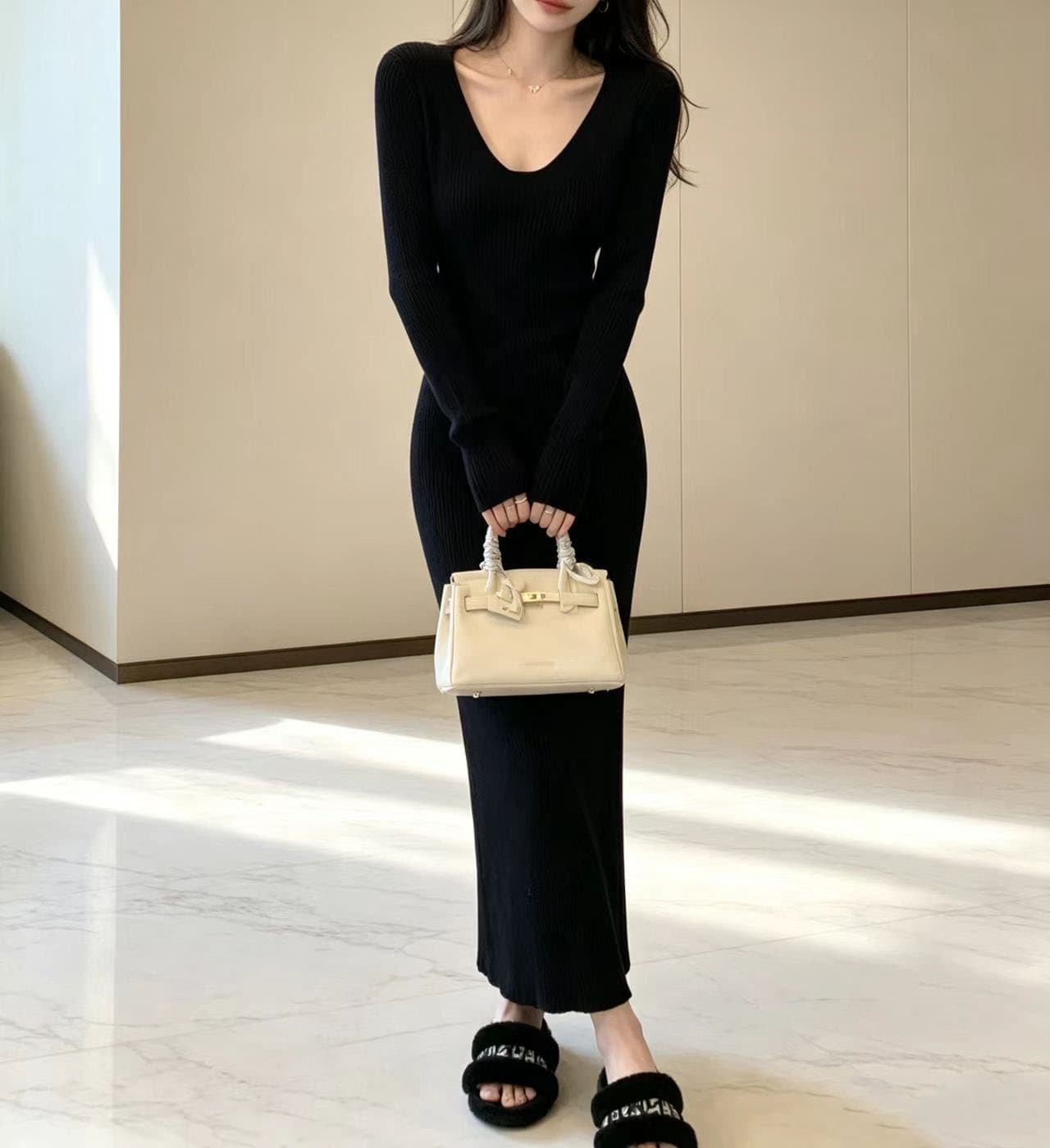 빛 요리 한 우아함 바람 살구 색상 긴팔 니트 여성 드레스 2026 가을 겨울 고급 센스 인사이드 가져 가라. 예쁜 스웨터 롱 스커트 상세 이미지 3