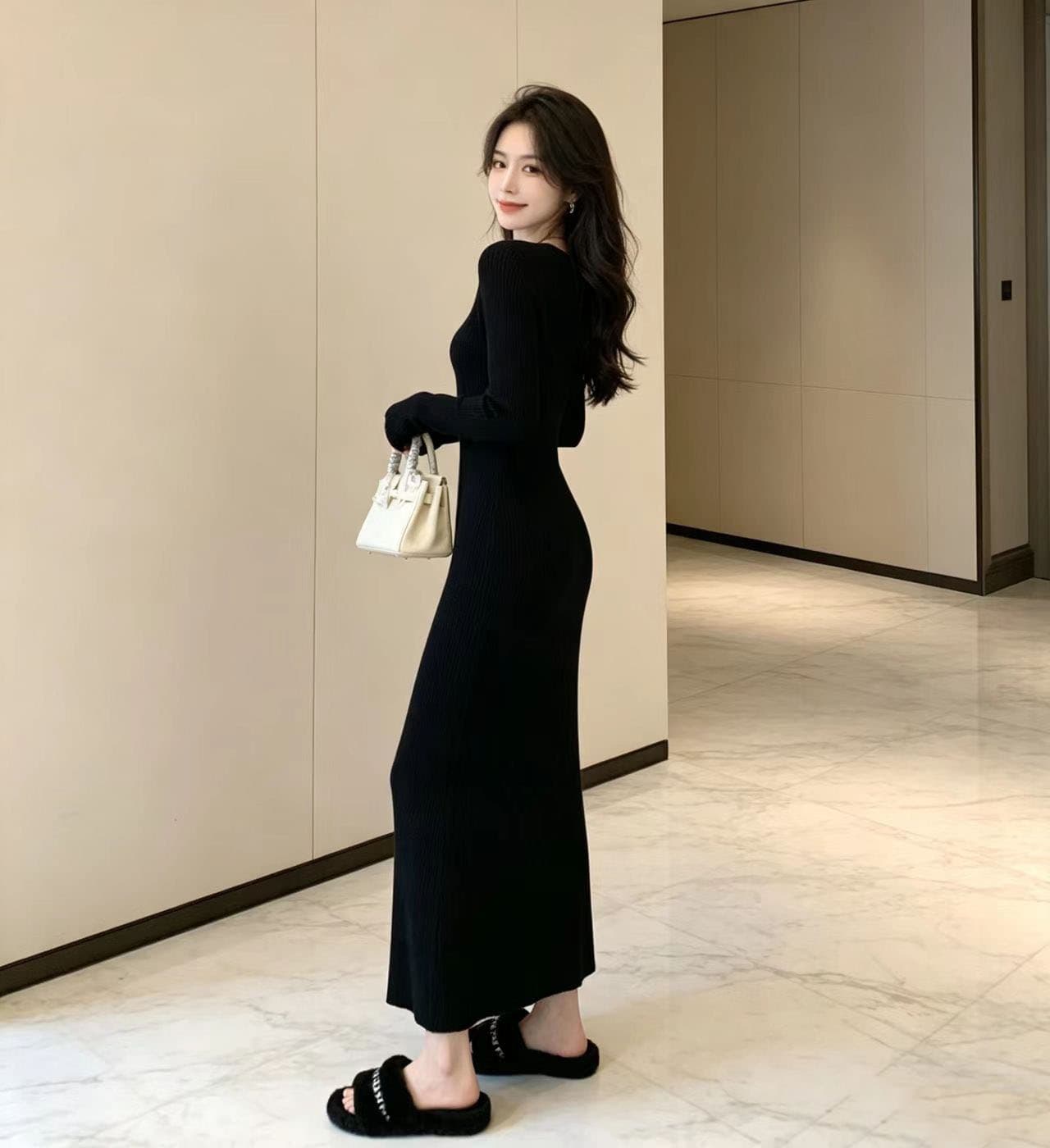 빛 요리 한 우아함 바람 살구 색상 긴팔 니트 여성 드레스 2026 가을 겨울 고급 센스 인사이드 가져 가라. 예쁜 스웨터 롱 스커트 상세 이미지 4