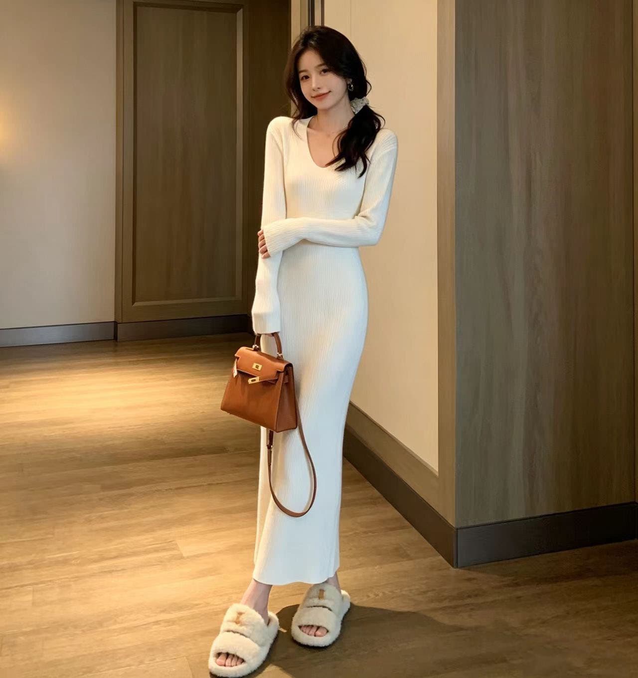 빛 요리 한 우아함 바람 살구 색상 긴팔 니트 여성 드레스 2026 가을 겨울 고급 센스 인사이드 가져 가라. 예쁜 스웨터 롱 스커트 상세 이미지 9
