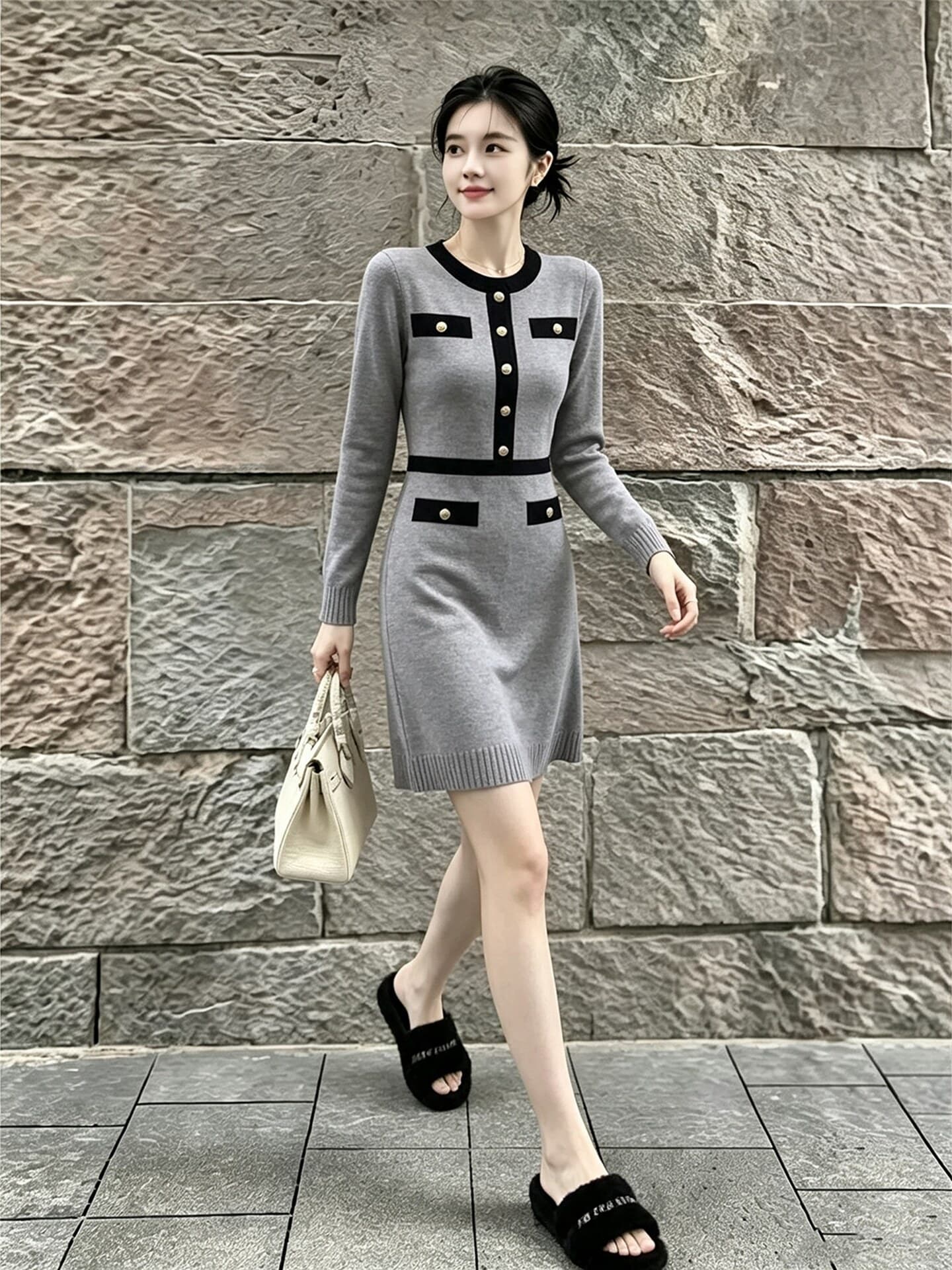 2026 년 이른 가을 새로운 우아함 한 부서 빛 럭셔리 니트 미니 스커트 품격 허리 수축 슬림해 보이는 느긋한 바람 여성 드레스 이미지 3