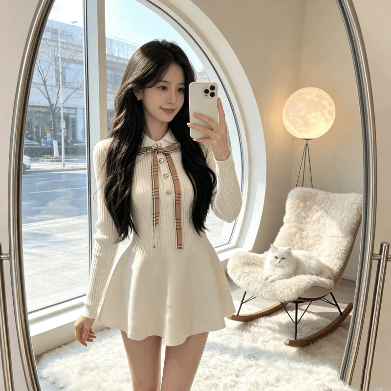 2026 가을 새로운 학원 POLO 칼라 나비 매듭 몸매 가꾸기 니트 꽃밭 맨위 작은 키 드레스 미니 스커트 상세 이미지 3