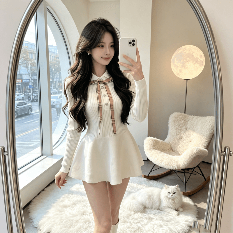 2026 가을 새로운 학원 POLO 칼라 나비 매듭 몸매 가꾸기 니트 꽃밭 맨위 작은 키 드레스 미니 스커트 상세 이미지 6