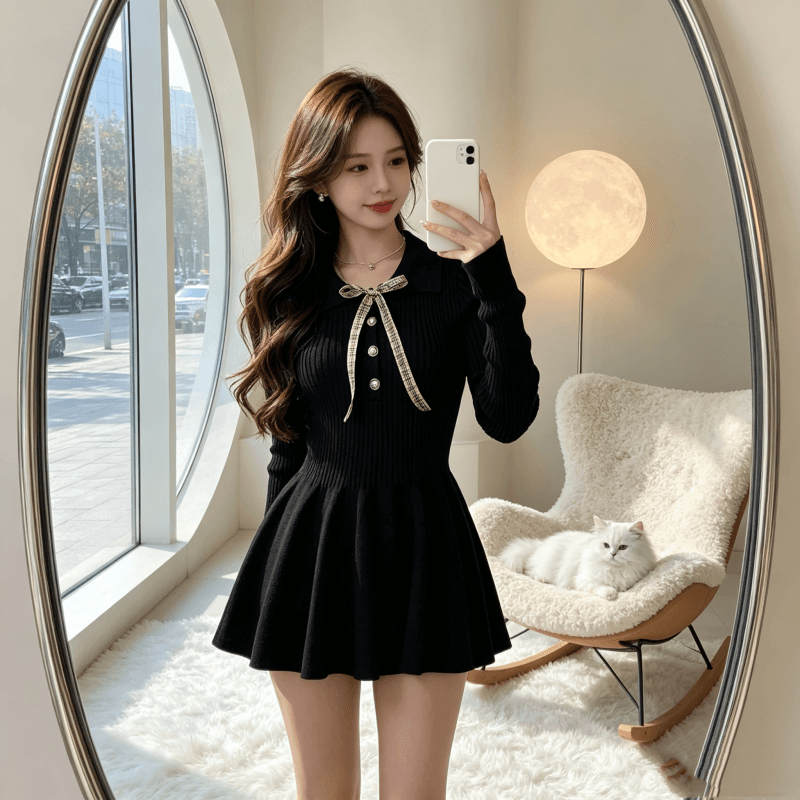 2026 가을 새로운 학원 POLO 칼라 나비 매듭 몸매 가꾸기 니트 꽃밭 맨위 작은 키 드레스 미니 스커트 상세 이미지 13