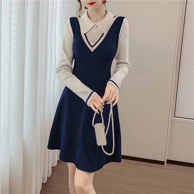 한국 셔츠 칼라 페이크 레이어드 빨간색 니트 여성 드레스 가을 겨울 인사이드 가져 가라. 기본 스커트 외국 가스 패치워크 스웨터 드레스 상세 이미지 1