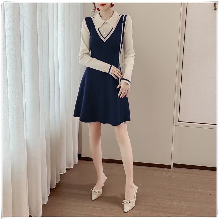 한국 셔츠 칼라 페이크 레이어드 빨간색 니트 여성 드레스 가을 겨울 인사이드 가져 가라. 기본 스커트 외국 가스 패치워크 스웨터 드레스 상세 이미지 32