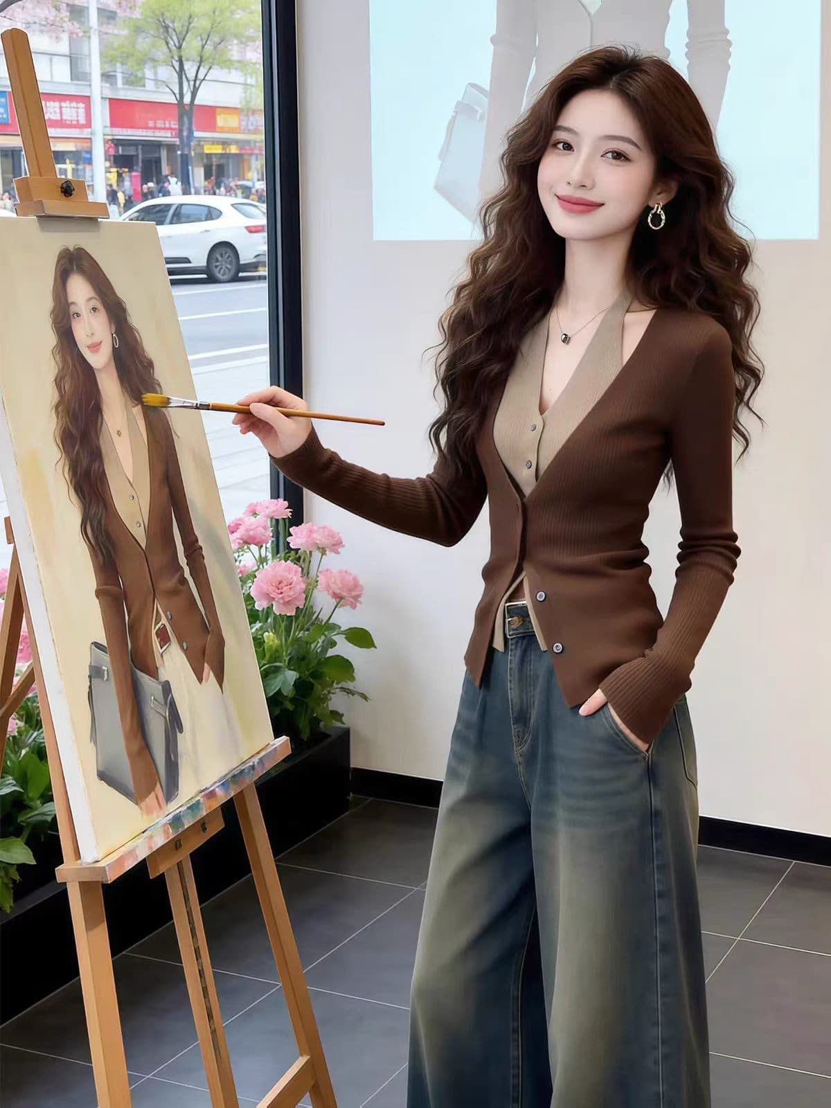 패션 한국 스타일 페이크 레이어드 반팔 티셔츠 외국 가스 여름 얇고 가벼운 패션 배색 패치워크 슬림해 보이는 작은 대중 니트 스웨터