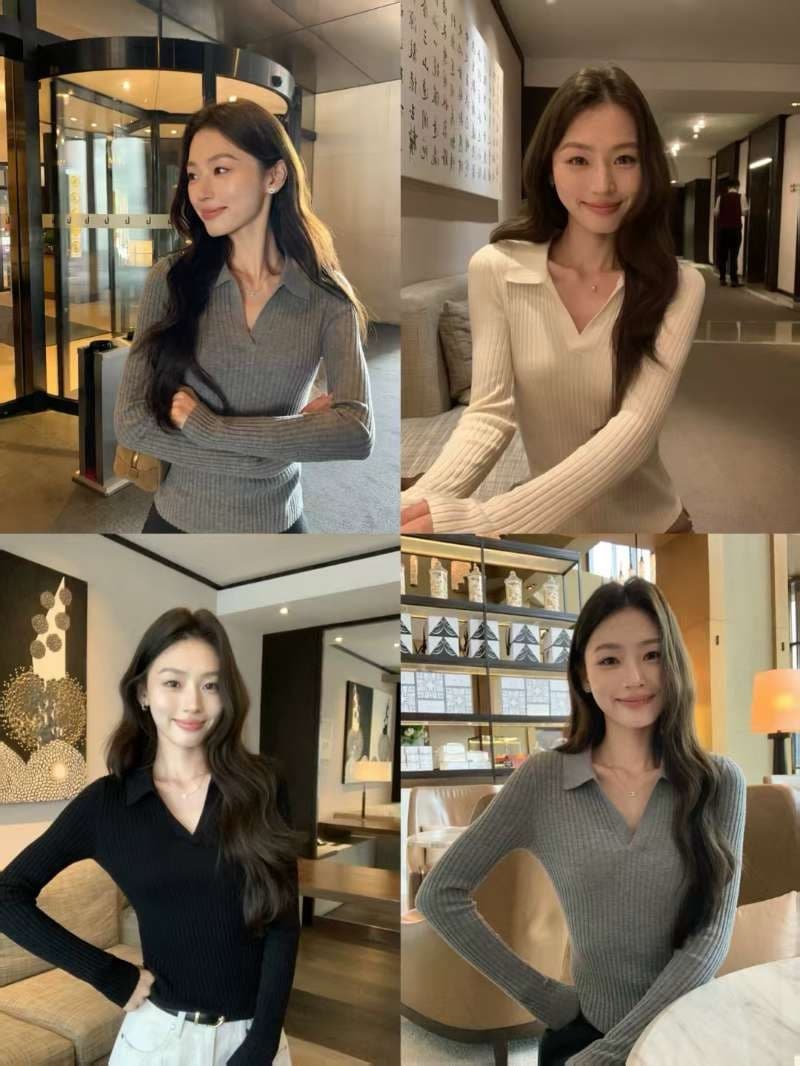 순수한 욕망 POLO 칼라 핫걸 디자인 센스 반팔 맨위 여성 의류 여름 새로운 고유 한 Chic 아름다운 니트 티셔츠 이미지 4