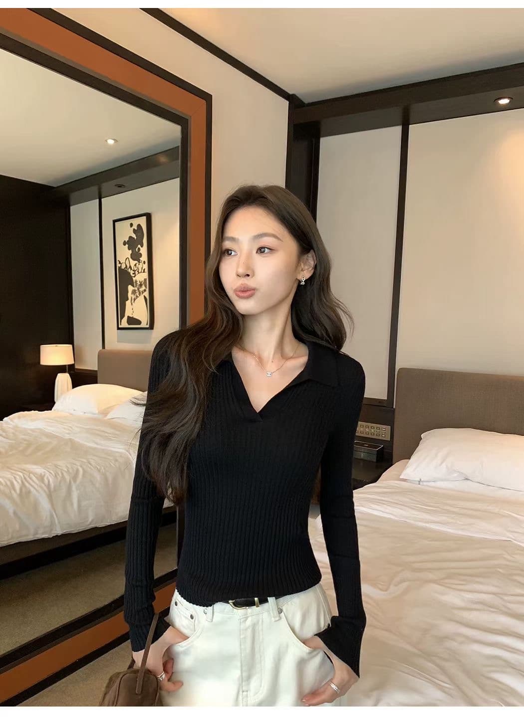 순수한 욕망 POLO 칼라 핫걸 디자인 센스 반팔 맨위 여성 의류 여름 새로운 고유 한 Chic 아름다운 니트 티셔츠 이미지 3