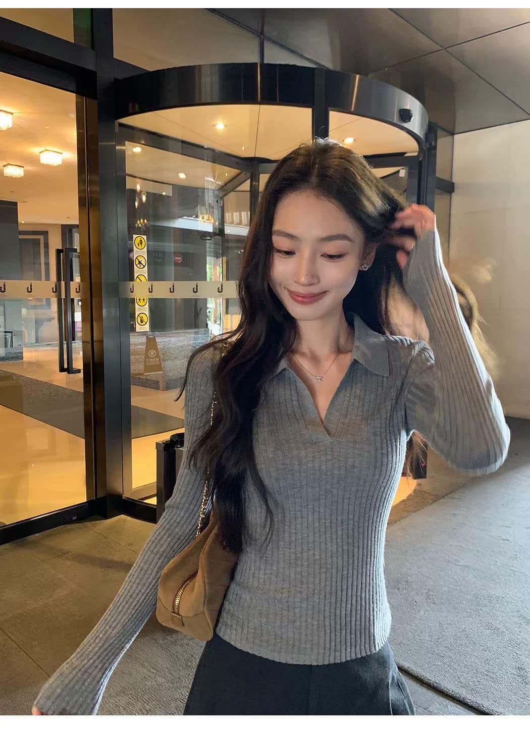 순수한 욕망 POLO 칼라 핫걸 디자인 센스 반팔 맨위 여성 의류 여름 새로운 고유 한 Chic 아름다운 니트 티셔츠 상세 이미지 6