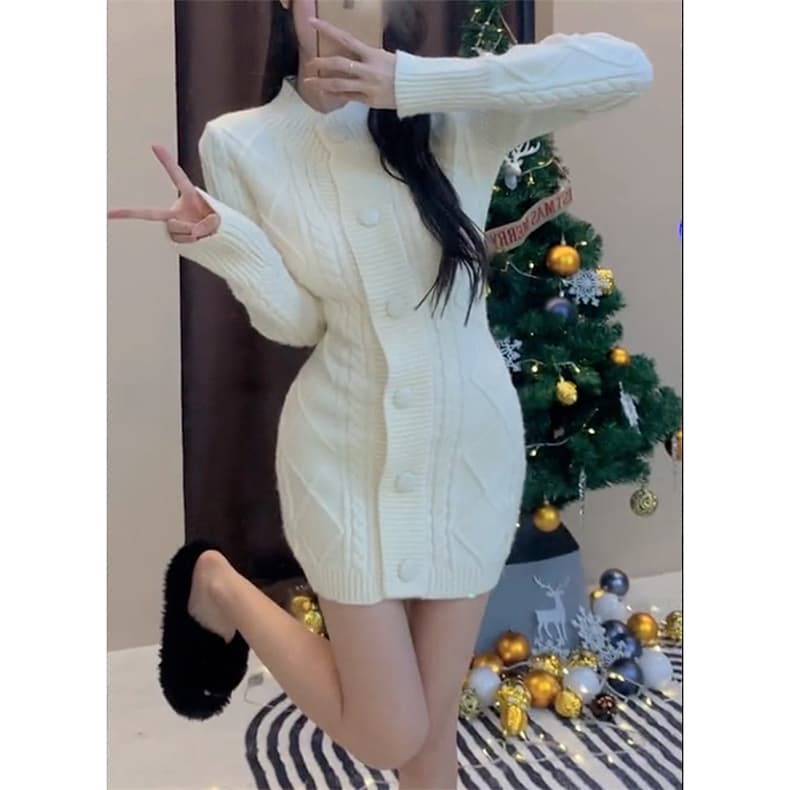 한국 품격 명문 여성 부드러운 숙녀 홍콩 스타일 작은 샤넬 스타일 꽈배기 스웨터 싱글 줄 버튼 드레스 복장 작은 키 상세 이미지 8