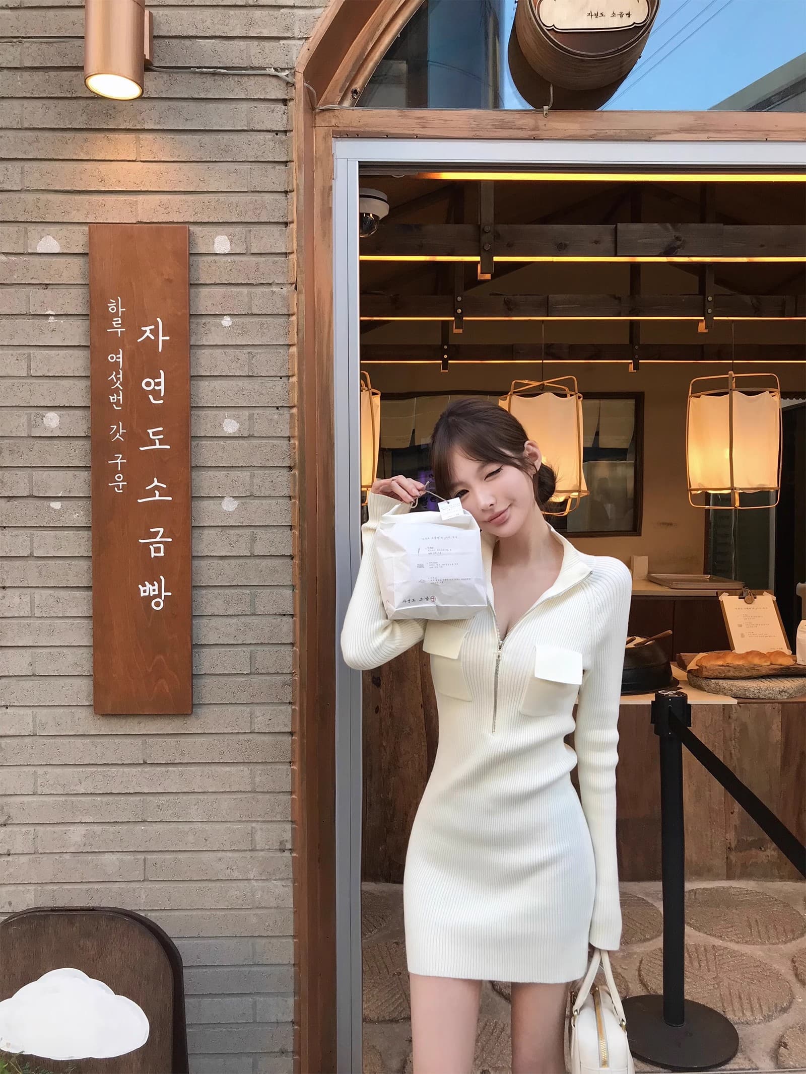 한국 캐주얼 몸매 가꾸기 슬림해 보이는 주머니 지퍼 긴팔 품격 타이트 신축성 니트 스웨터 드레스 달콤한 매운맛 바람 상세 이미지 4