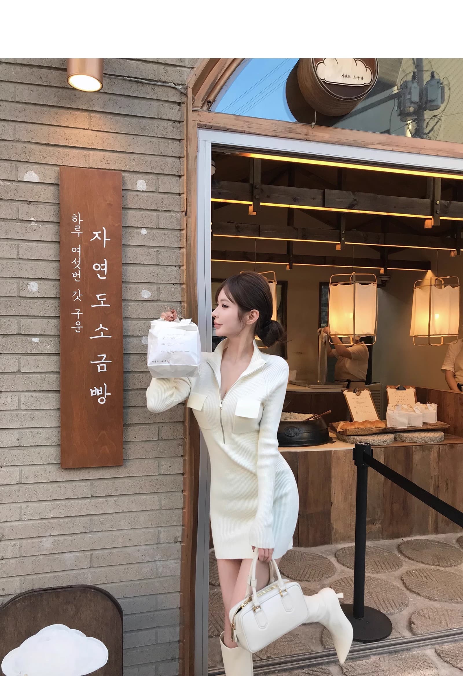 한국 캐주얼 몸매 가꾸기 슬림해 보이는 주머니 지퍼 긴팔 품격 타이트 신축성 니트 스웨터 드레스 달콤한 매운맛 바람 상세 이미지 13