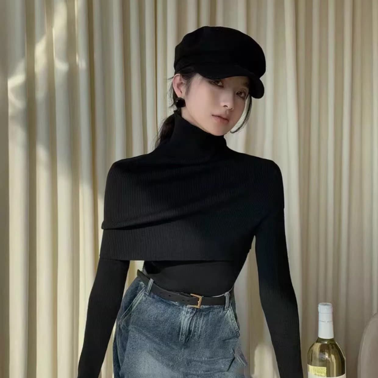 있음 선적 한 부서 숄 스웨터 두 조각 여성 세트 디자인 센스 품격 미니멀리즘 단색 터틀넥 스택 착용 망토 명중 상세 이미지 1