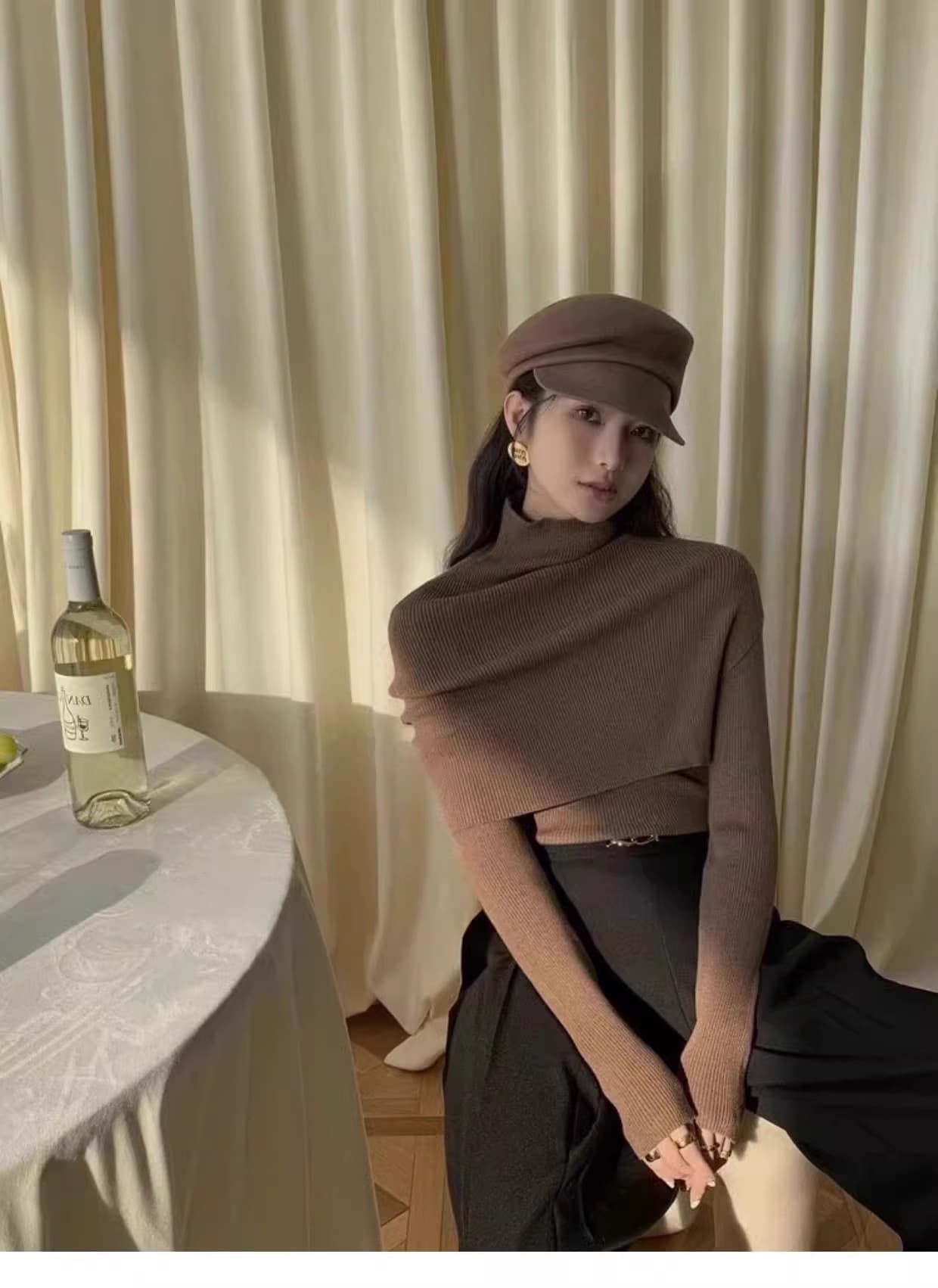 있음 선적 한 부서 숄 스웨터 두 조각 여성 세트 디자인 센스 품격 미니멀리즘 단색 터틀넥 스택 착용 망토 명중 상세 이미지 6