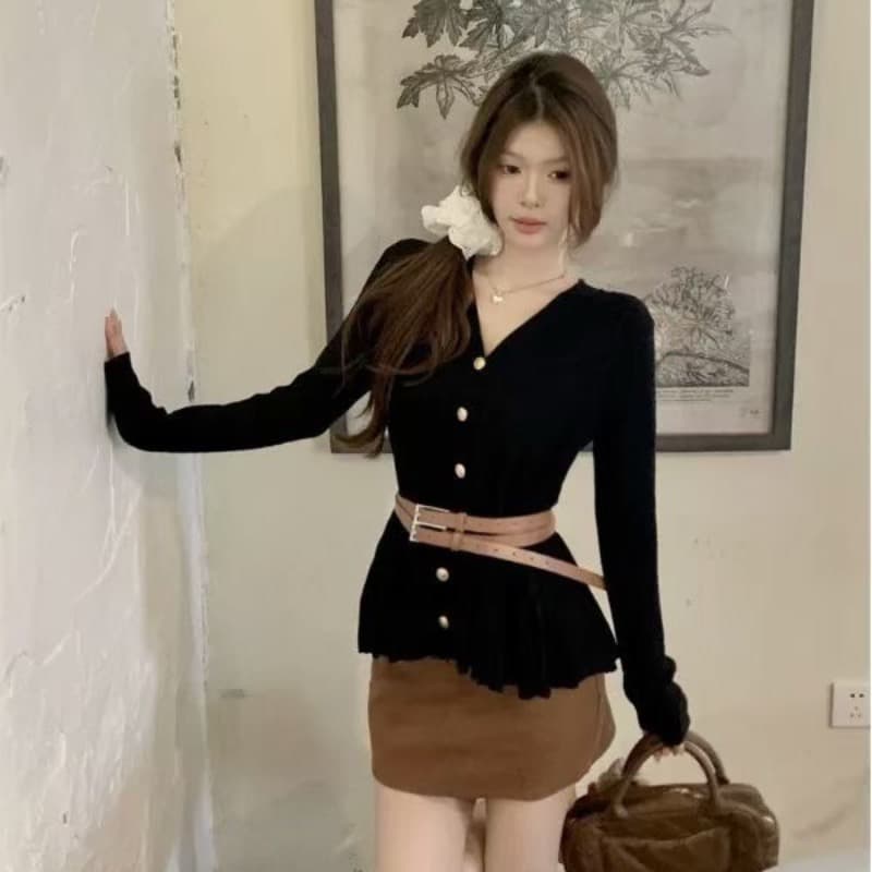 디자인 센스 싱글 줄 버튼 V넥 긴팔 니트 스웨터 여성 가을 고급 센스 벨트 포함 품격 Chic 몸매 가꾸기 맨위 z 상세 이미지 5