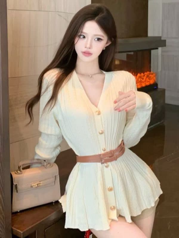 디자인 센스 싱글 줄 버튼 V넥 긴팔 니트 스웨터 여성 가을 고급 센스 벨트 포함 품격 Chic 몸매 가꾸기 맨위 z 상세 이미지 6