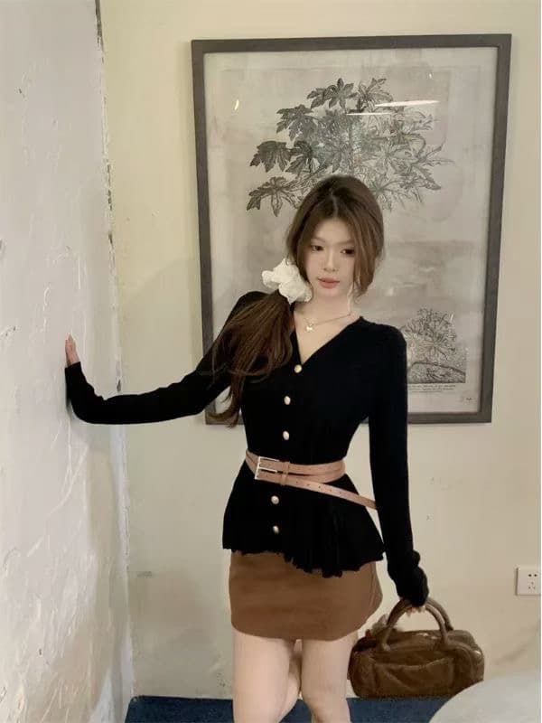 디자인 센스 싱글 줄 버튼 V넥 긴팔 니트 스웨터 여성 가을 고급 센스 벨트 포함 품격 Chic 몸매 가꾸기 맨위 z 상세 이미지 8