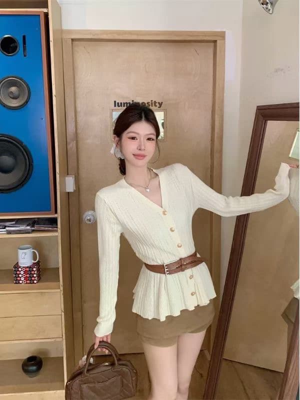 디자인 센스 싱글 줄 버튼 V넥 긴팔 니트 스웨터 여성 가을 고급 센스 벨트 포함 품격 Chic 몸매 가꾸기 맨위 z 상세 이미지 10