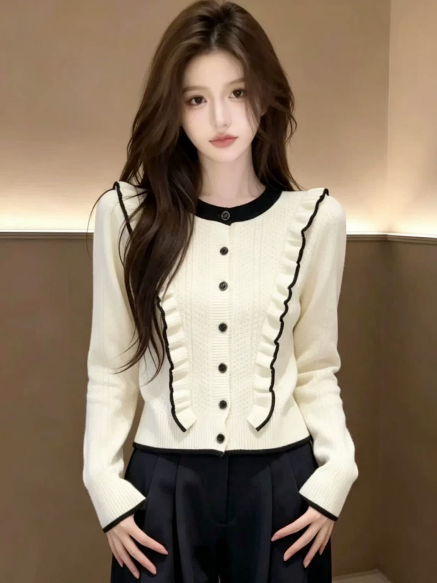 슈퍼 화재 연령 감소 프릴 니트 스웨터 긴팔 여성 가을 2026 새로운 자이언트 잘 생긴 외부 가져 가라. 니트 오픈 가디건 맨위 상세 이미지 6