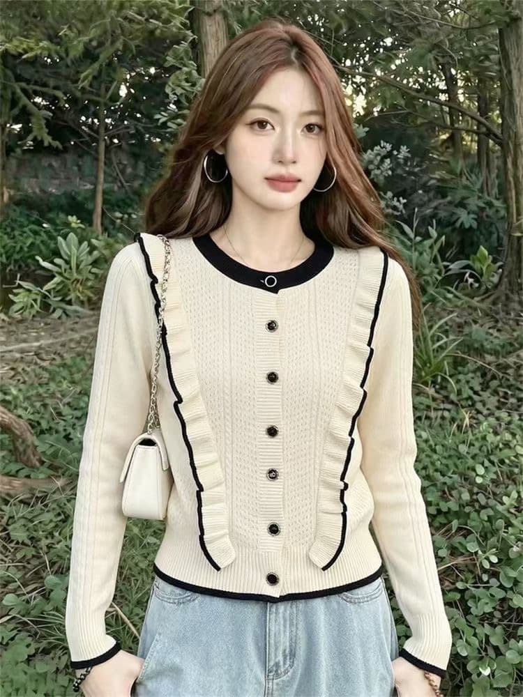 슈퍼 화재 연령 감소 프릴 니트 스웨터 긴팔 여성 가을 2026 새로운 자이언트 잘 생긴 외부 가져 가라. 니트 오픈 가디건 맨위 상세 이미지 7