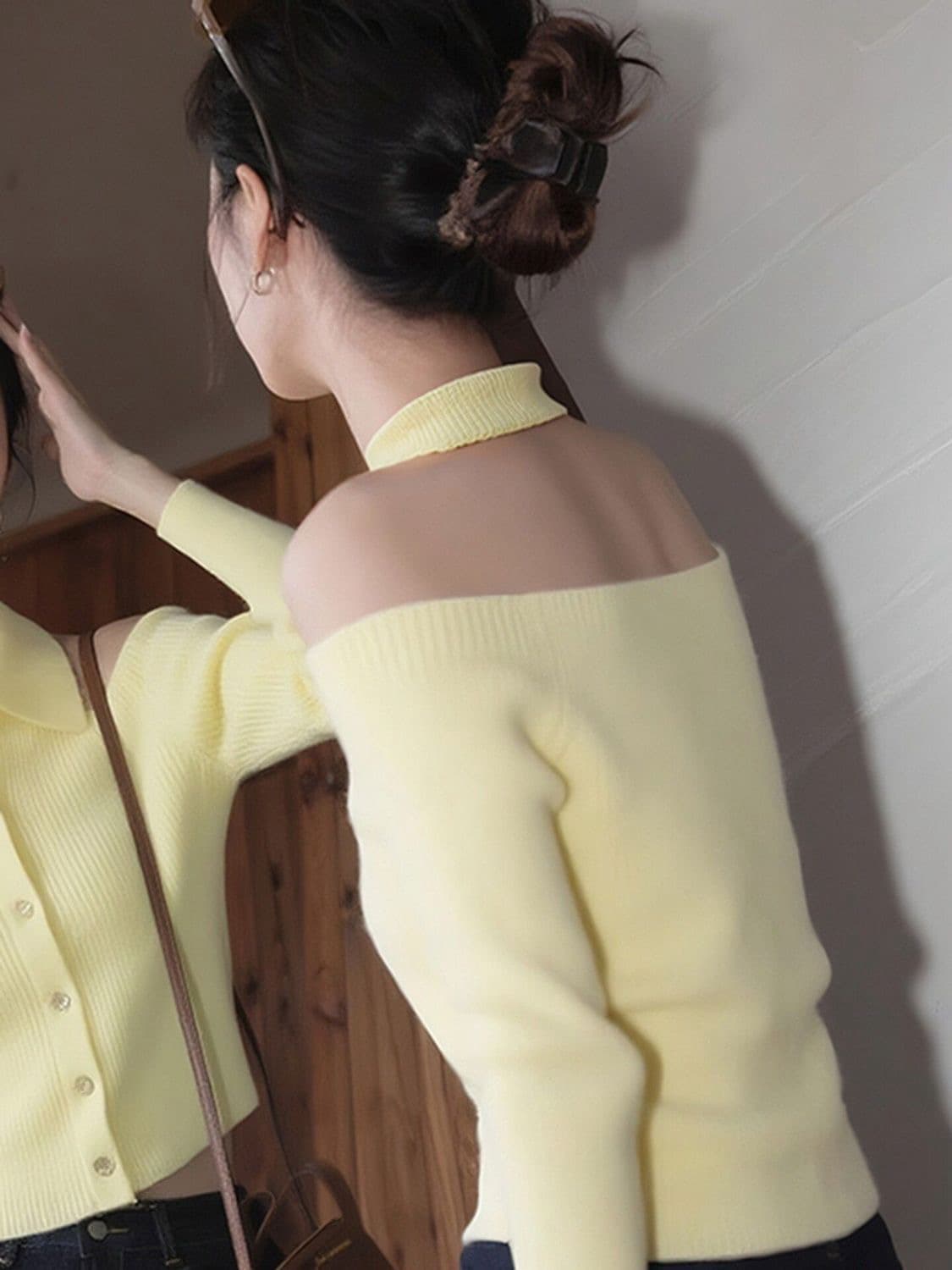 가을 겨울 POLO 칼라 작은 키 황색 행침 목 스웨터 니트 만나는 오픈 가디건 여성 인사이드 가져 가라. 디자인 센스 오프숄더 맨위 이미지 2