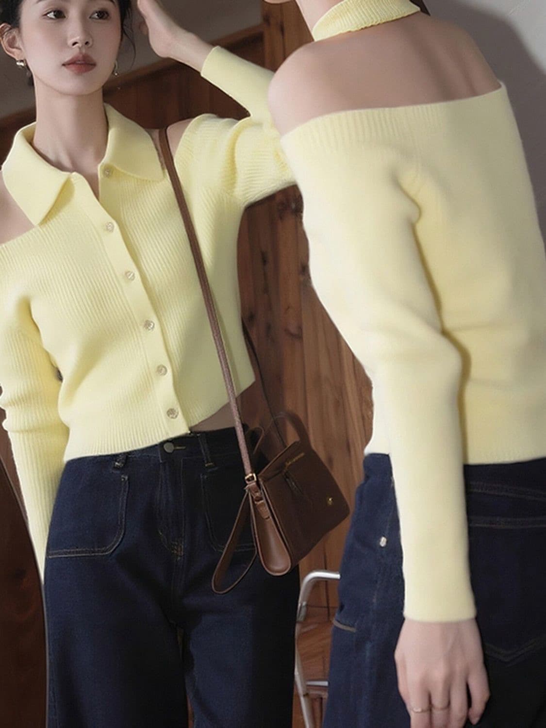 가을 겨울 POLO 칼라 작은 키 황색 행침 목 스웨터 니트 만나는 오픈 가디건 여성 인사이드 가져 가라. 디자인 센스 오프숄더 맨위 이미지 4