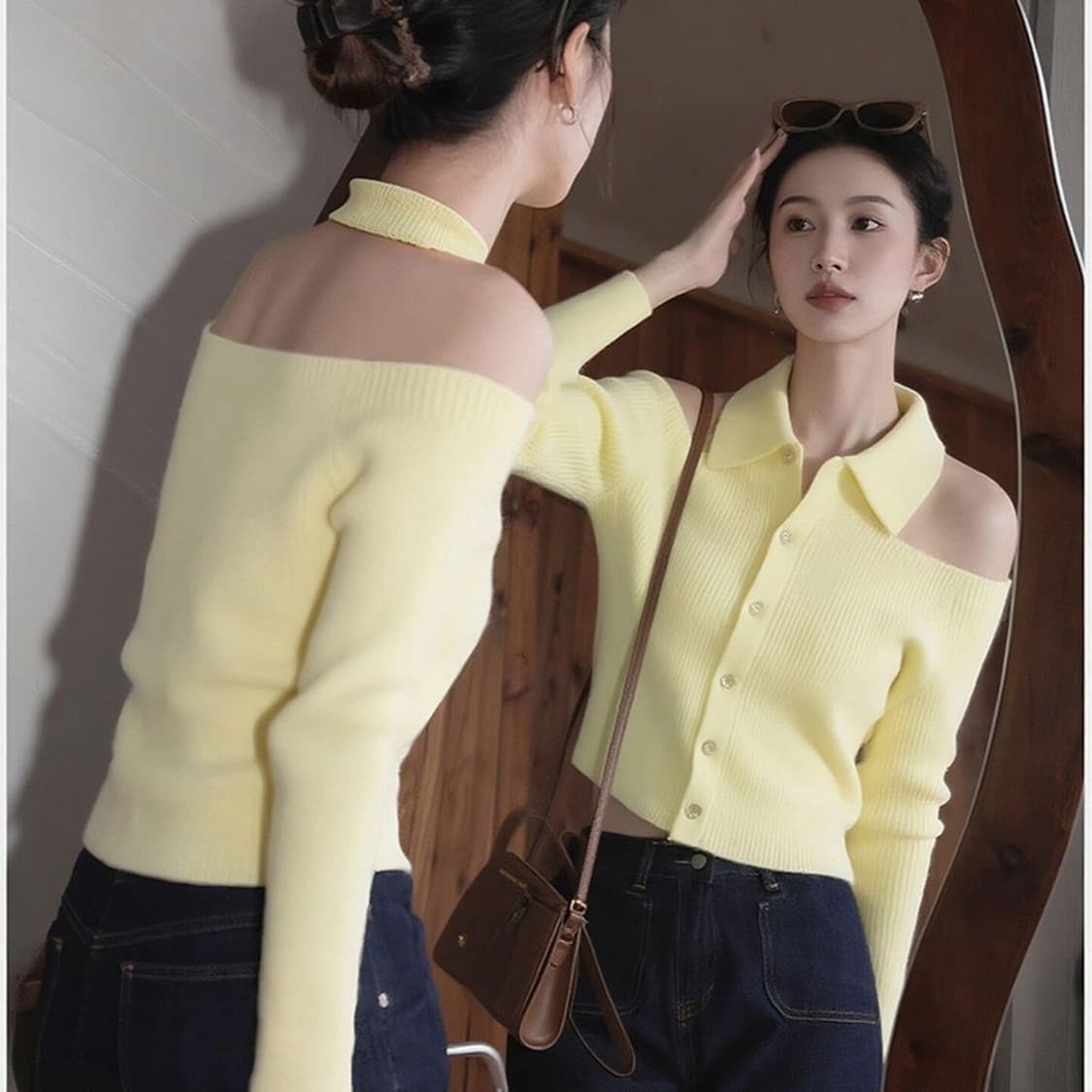 가을 겨울 POLO 칼라 작은 키 황색 행침 목 스웨터 니트 만나는 오픈 가디건 여성 인사이드 가져 가라. 디자인 센스 오프숄더 맨위 상세 이미지 6