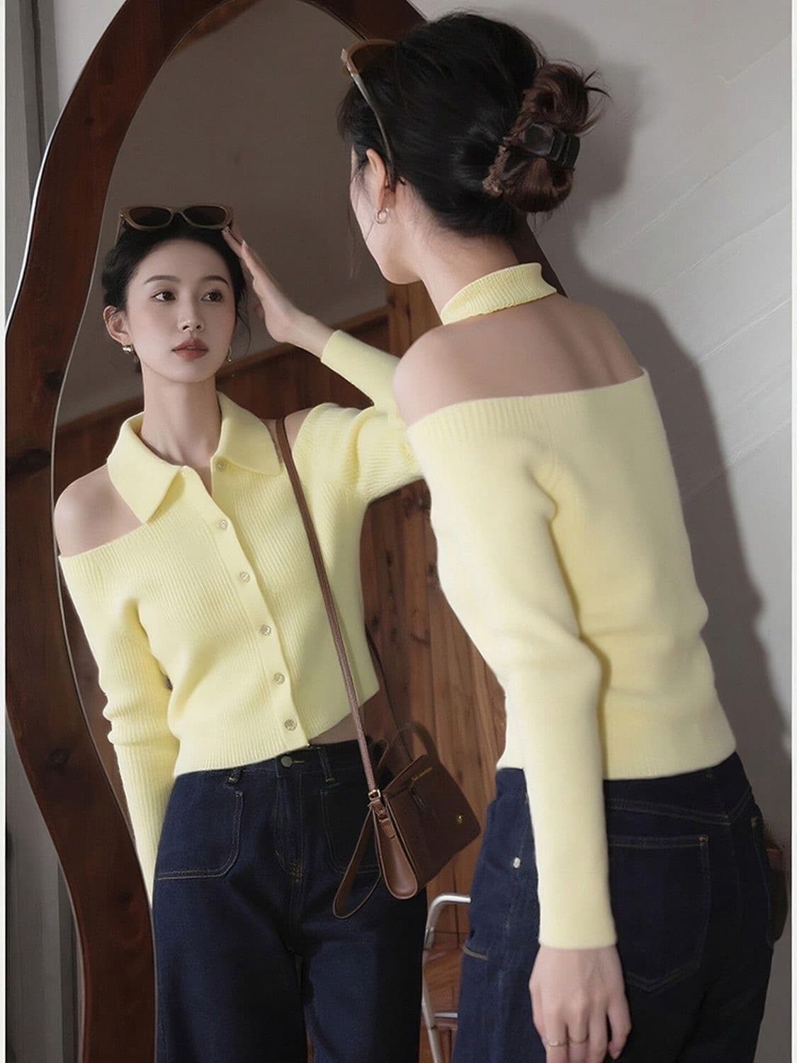 가을 겨울 POLO 칼라 작은 키 황색 행침 목 스웨터 니트 만나는 오픈 가디건 여성 인사이드 가져 가라. 디자인 센스 오프숄더 맨위 상세 이미지 8