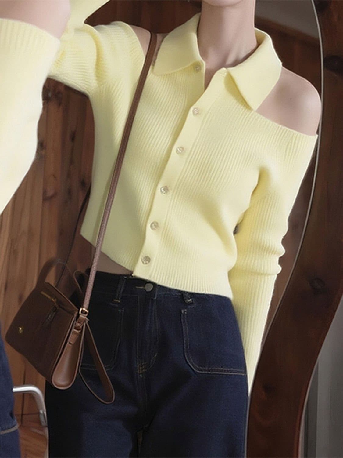 가을 겨울 POLO 칼라 작은 키 황색 행침 목 스웨터 니트 만나는 오픈 가디건 여성 인사이드 가져 가라. 디자인 센스 오프숄더 맨위 상세 이미지 10