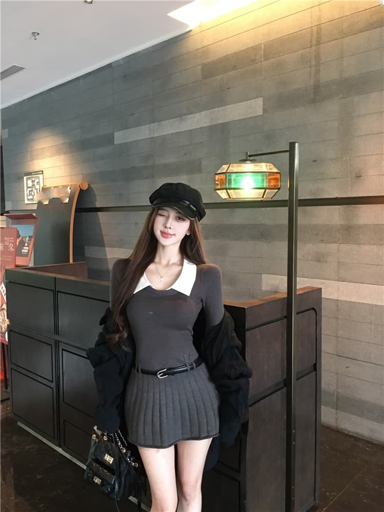 한국 부드러운 숙녀 학원 작은 샤넬 스타일 패치워크 페이크 레이어드 polo 폴로 칼라 니트 스웨터 드레스 벨트 포함 이미지 2