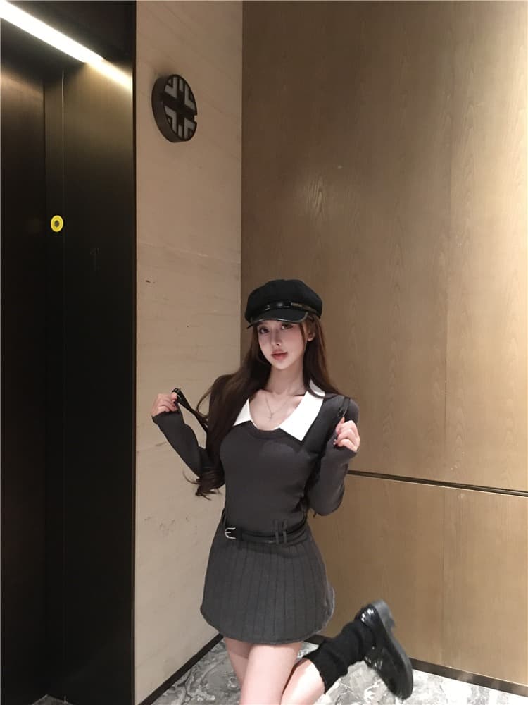 한국 부드러운 숙녀 학원 작은 샤넬 스타일 패치워크 페이크 레이어드 polo 폴로 칼라 니트 스웨터 드레스 벨트 포함 이미지 4