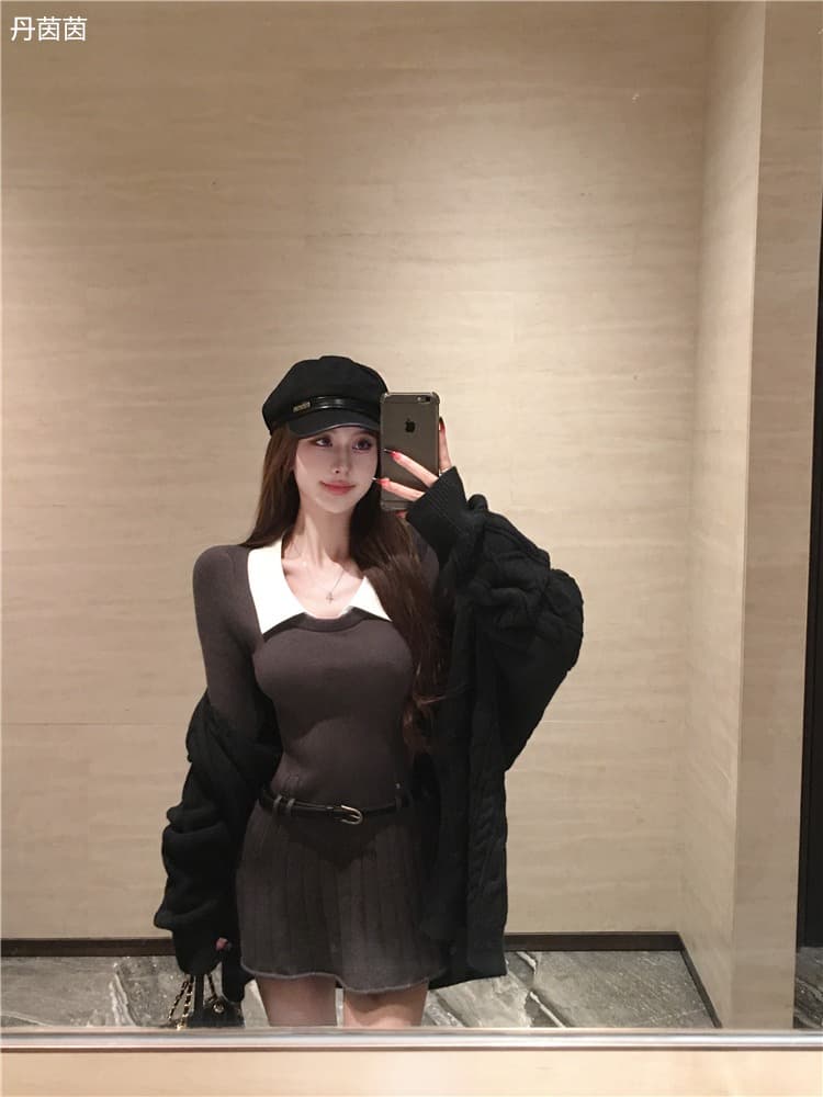 한국 부드러운 숙녀 학원 작은 샤넬 스타일 패치워크 페이크 레이어드 polo 폴로 칼라 니트 스웨터 드레스 벨트 포함 이미지 3