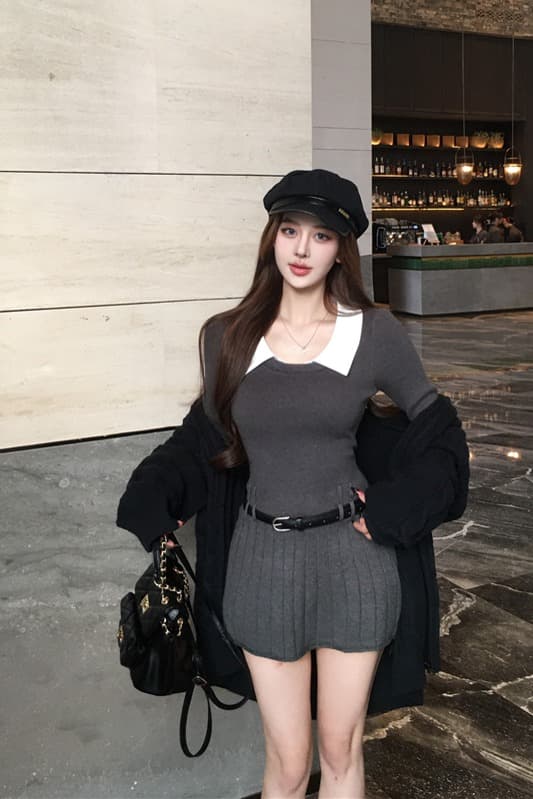 한국 부드러운 숙녀 학원 작은 샤넬 스타일 패치워크 페이크 레이어드 polo 폴로 칼라 니트 스웨터 드레스 벨트 포함 이미지 5