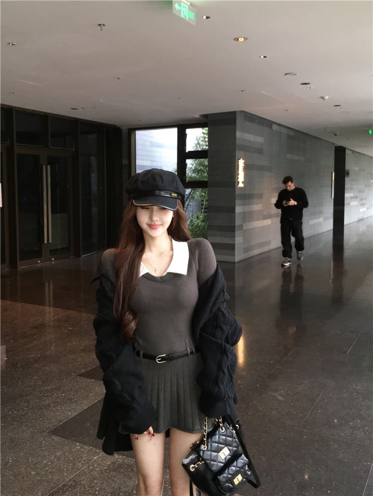 한국 부드러운 숙녀 학원 작은 샤넬 스타일 패치워크 페이크 레이어드 polo 폴로 칼라 니트 스웨터 드레스 벨트 포함 상세 이미지 1