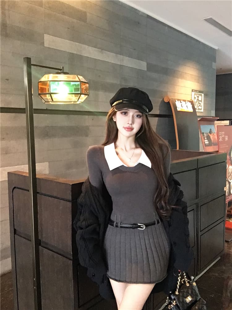 한국 부드러운 숙녀 학원 작은 샤넬 스타일 패치워크 페이크 레이어드 polo 폴로 칼라 니트 스웨터 드레스 벨트 포함 상세 이미지 3