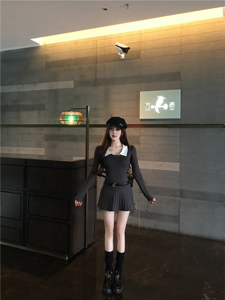 한국 부드러운 숙녀 학원 작은 샤넬 스타일 패치워크 페이크 레이어드 polo 폴로 칼라 니트 스웨터 드레스 벨트 포함 상세 이미지 4