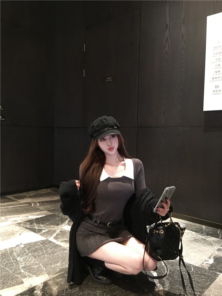 한국 부드러운 숙녀 학원 작은 샤넬 스타일 패치워크 페이크 레이어드 polo 폴로 칼라 니트 스웨터 드레스 벨트 포함 상세 이미지 6
