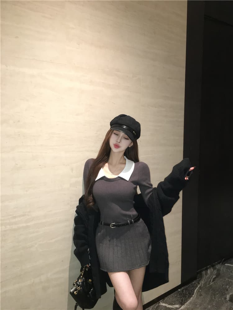 한국 부드러운 숙녀 학원 작은 샤넬 스타일 패치워크 페이크 레이어드 polo 폴로 칼라 니트 스웨터 드레스 벨트 포함 상세 이미지 7