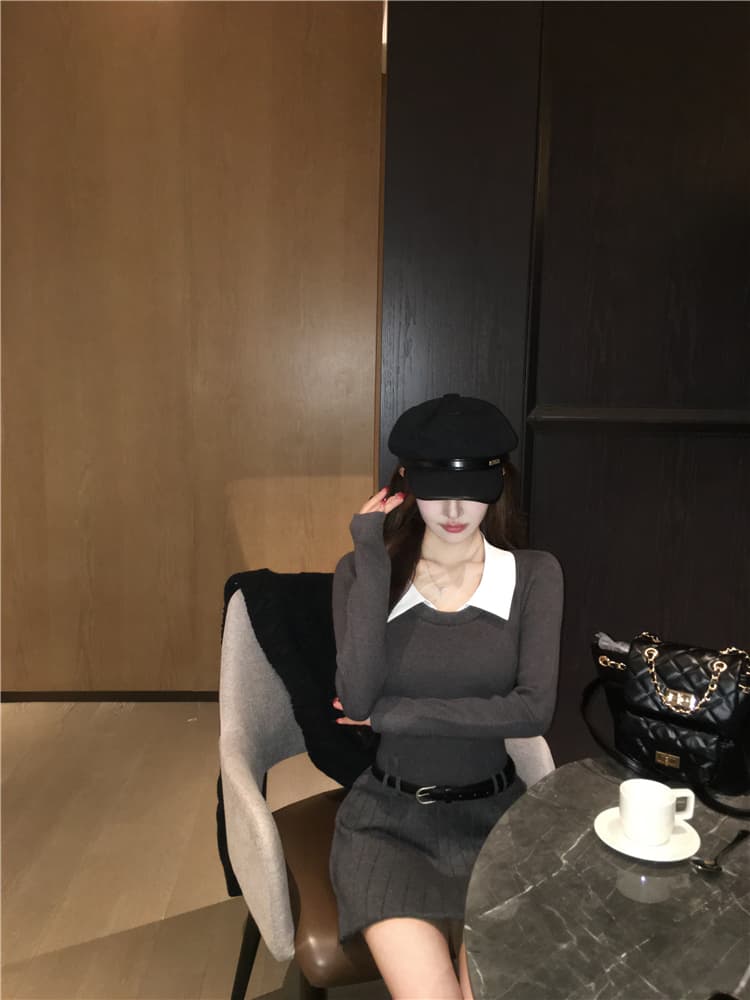 한국 부드러운 숙녀 학원 작은 샤넬 스타일 패치워크 페이크 레이어드 polo 폴로 칼라 니트 스웨터 드레스 벨트 포함 상세 이미지 8