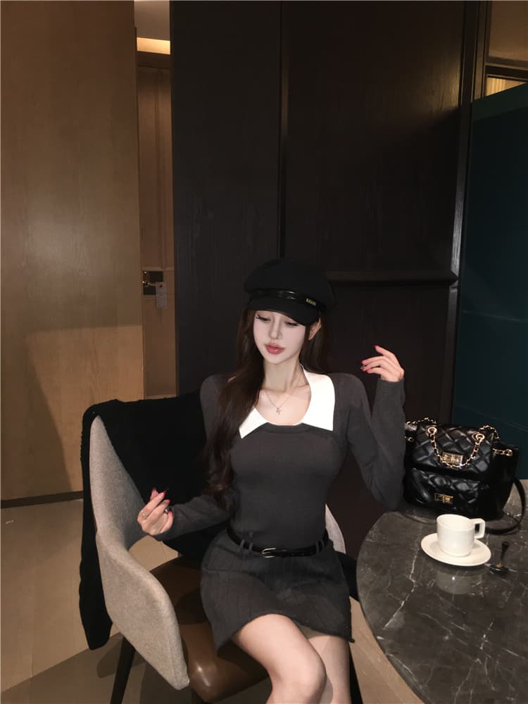 한국 부드러운 숙녀 학원 작은 샤넬 스타일 패치워크 페이크 레이어드 polo 폴로 칼라 니트 스웨터 드레스 벨트 포함 상세 이미지 9