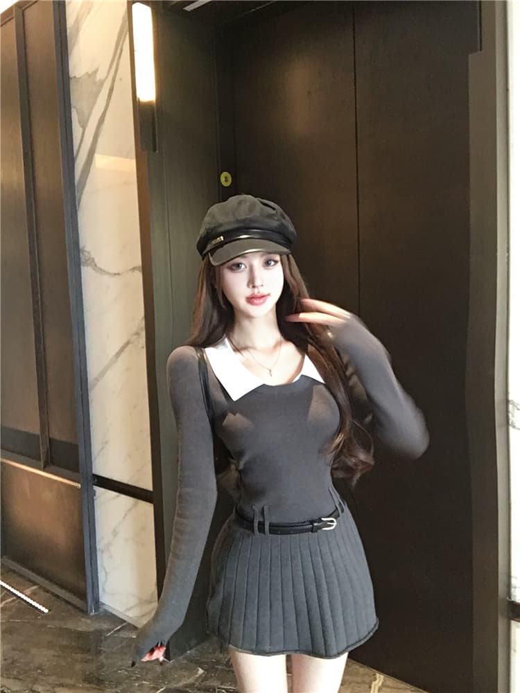 한국 부드러운 숙녀 학원 작은 샤넬 스타일 패치워크 페이크 레이어드 polo 폴로 칼라 니트 스웨터 드레스 벨트 포함 상세 이미지 11