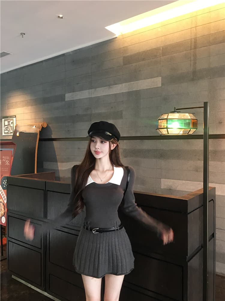 한국 부드러운 숙녀 학원 작은 샤넬 스타일 패치워크 페이크 레이어드 polo 폴로 칼라 니트 스웨터 드레스 벨트 포함 상세 이미지 12
