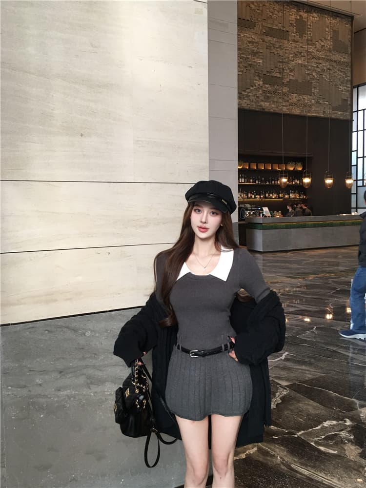 한국 부드러운 숙녀 학원 작은 샤넬 스타일 패치워크 페이크 레이어드 polo 폴로 칼라 니트 스웨터 드레스 벨트 포함 상세 이미지 13