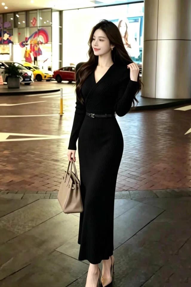 빛 요리 한 우아함 바람 V넥 긴팔 여성 드레스 2026 가을 겨울철 허리 수축 슬림해 보이는 품격 두꺼운 타이트 스커트 롱 스커트 이미지 4