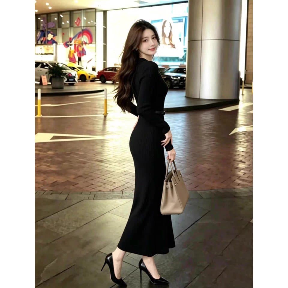 빛 요리 한 우아함 바람 V넥 긴팔 여성 드레스 2026 가을 겨울철 허리 수축 슬림해 보이는 품격 두꺼운 타이트 스커트 롱 스커트 상세 이미지 6