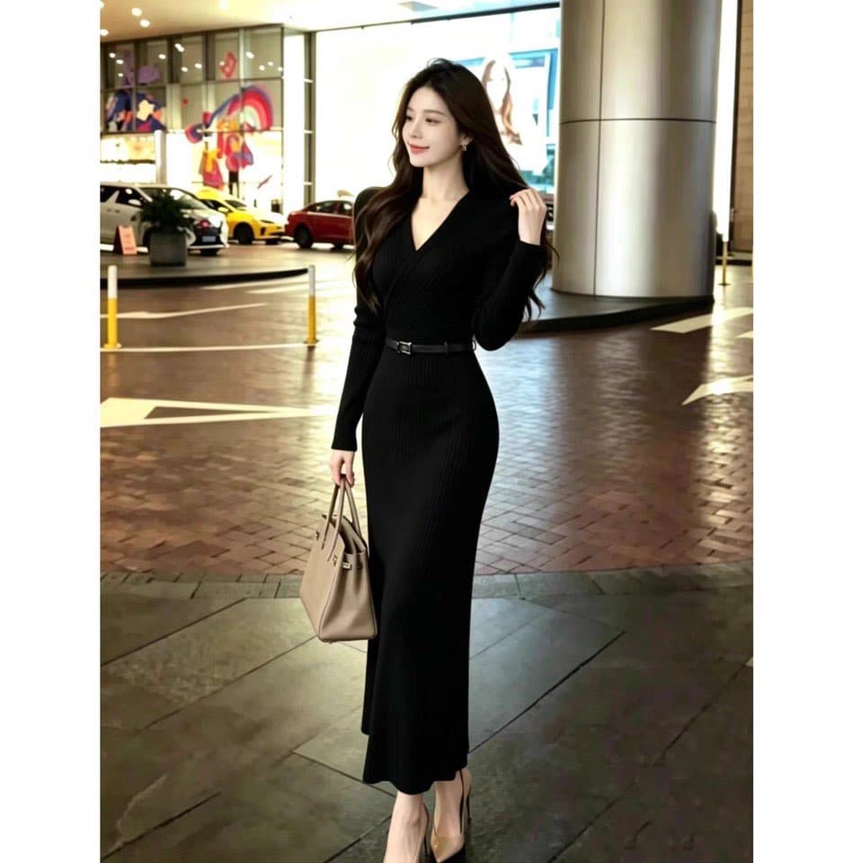 빛 요리 한 우아함 바람 V넥 긴팔 여성 드레스 2026 가을 겨울철 허리 수축 슬림해 보이는 품격 두꺼운 타이트 스커트 롱 스커트 상세 이미지 7